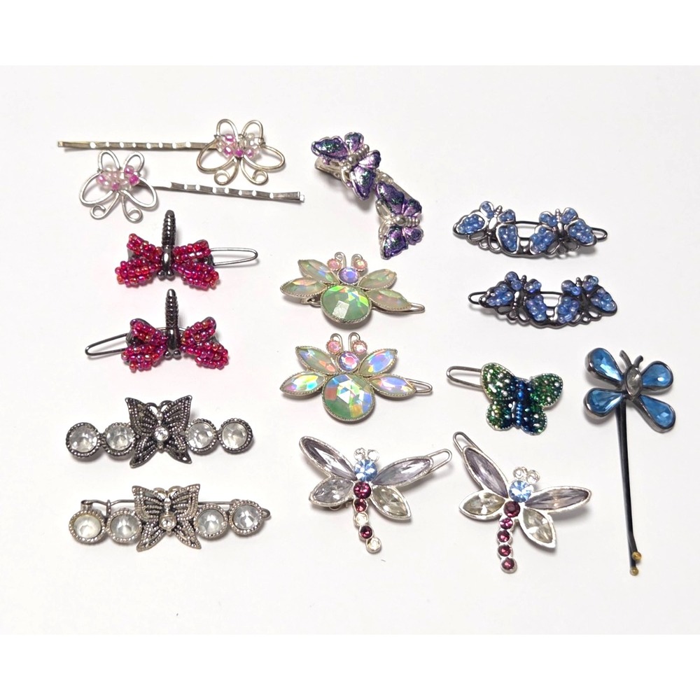 Vintage Butterfly Dragonfly Barrettes Metal Hair Clips Lot